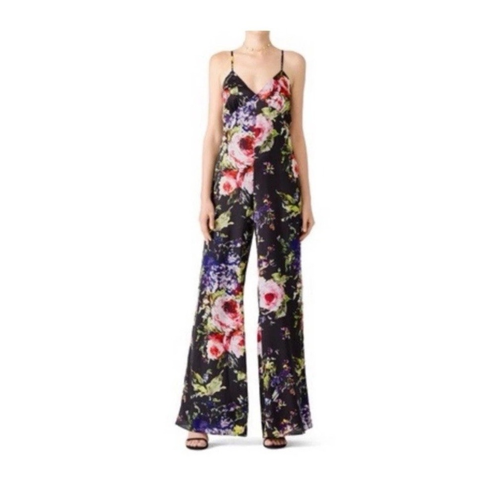 Jay Godfrey Floral Black Wide-Leg Jumpsuit‎ Wms Size 0 Spaghetti Straps Tropical